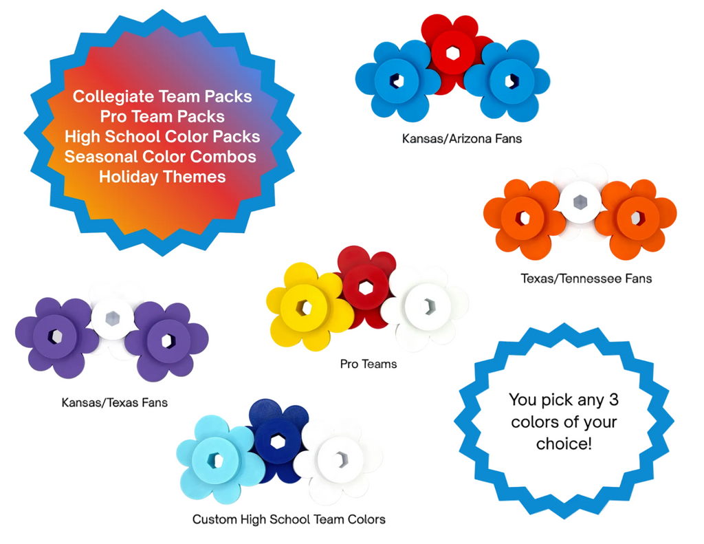 Colorful flower-shaped product packs with text on a gray background
