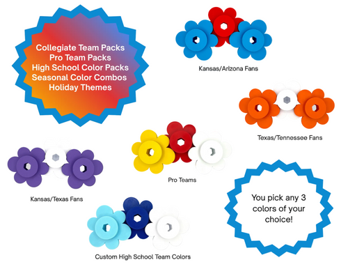 Colorful flower-shaped product packs with text on a gray background
