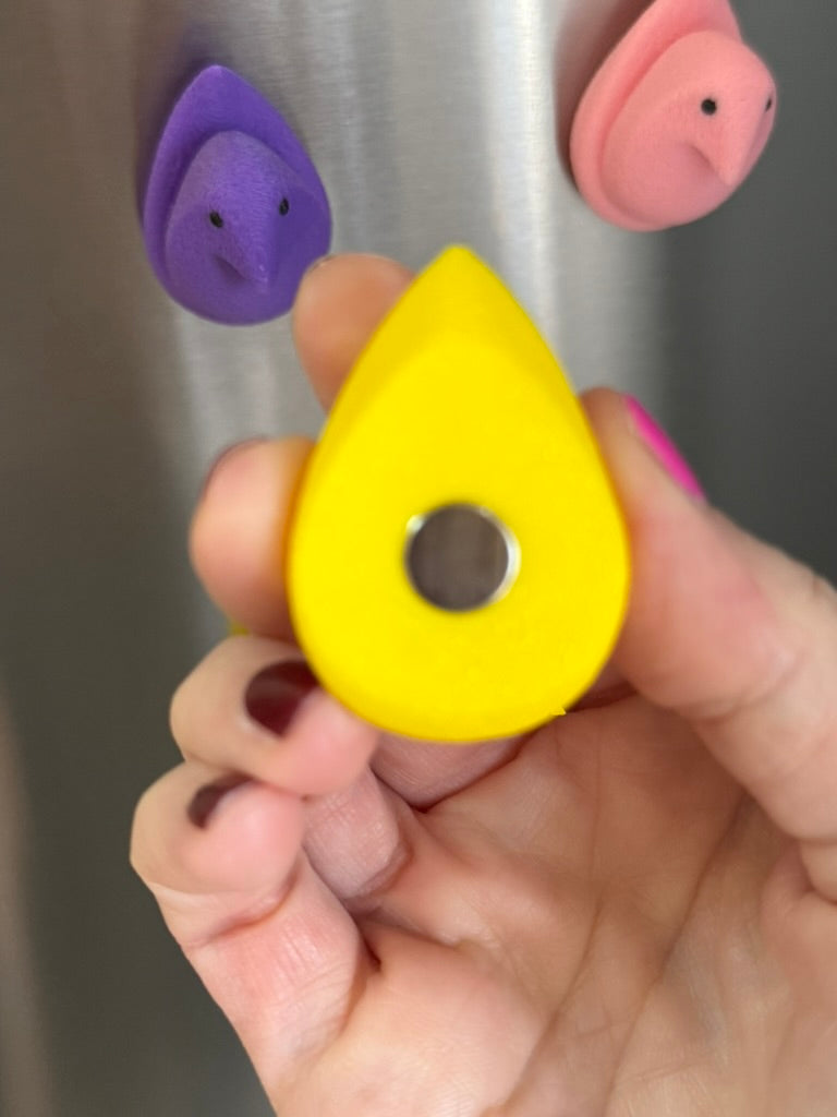 Colorful duck-shaped magnets on fridge.