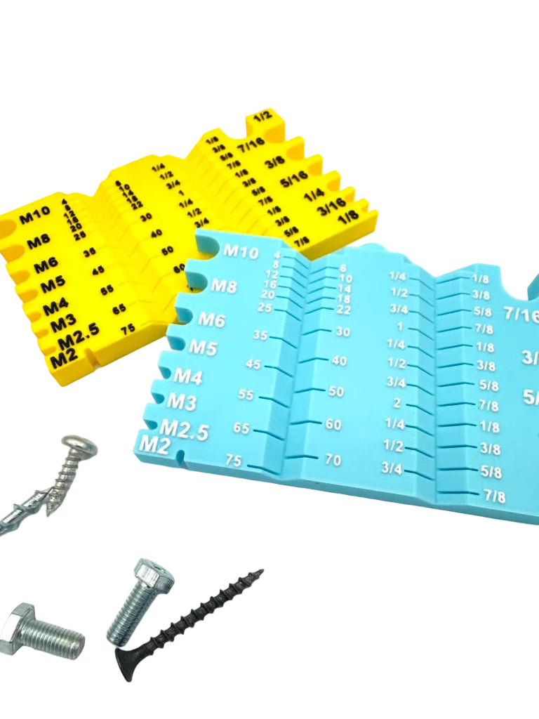 Set of screw size measurement charts in yellow and blue on a white background with screws.