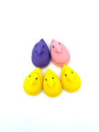 Five colorful duck-shaped toys on a white background