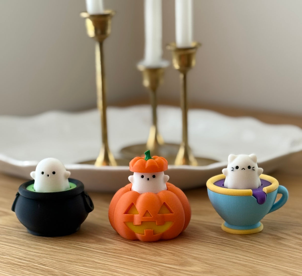 Ghost Cat Teacup Fidget Clicker, Halloween Desk Toy, Kawaii Cat Figurine Gift, Spooky Cute Stress Reliever
