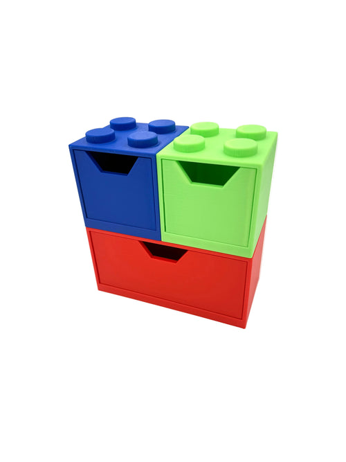 Colorful storage unit with blue, green, and red sections on a white background
