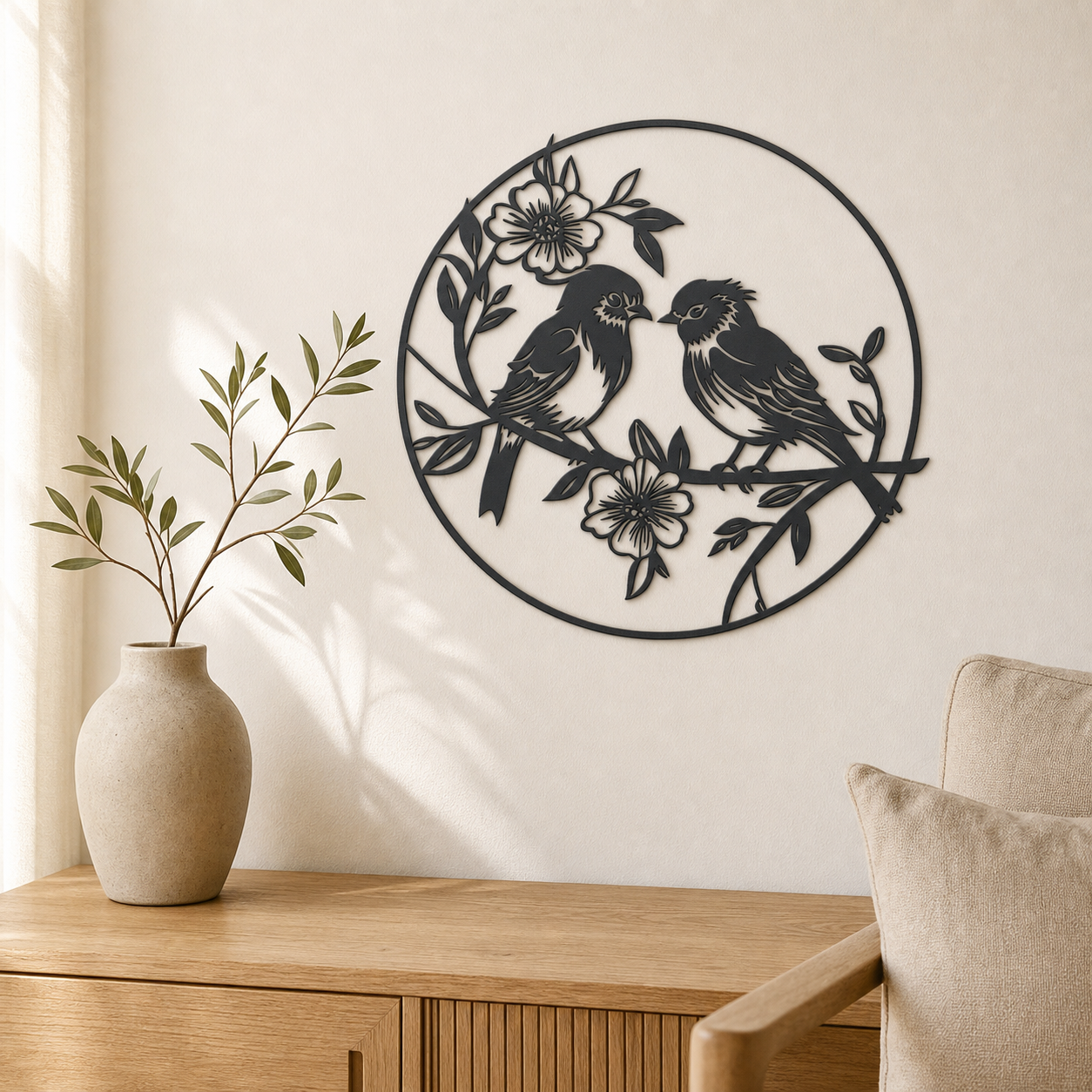 Birds with Flowers Wall Art — Songbird Circle Silhouette | 2 Sizes