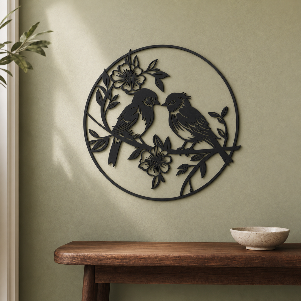 Birds with Flowers Wall Art — Songbird Circle Silhouette | 2 Sizes
