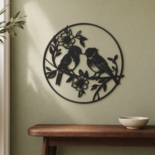 Birds with Flowers Wall Art — Songbird Circle Silhouette | 2 Sizes