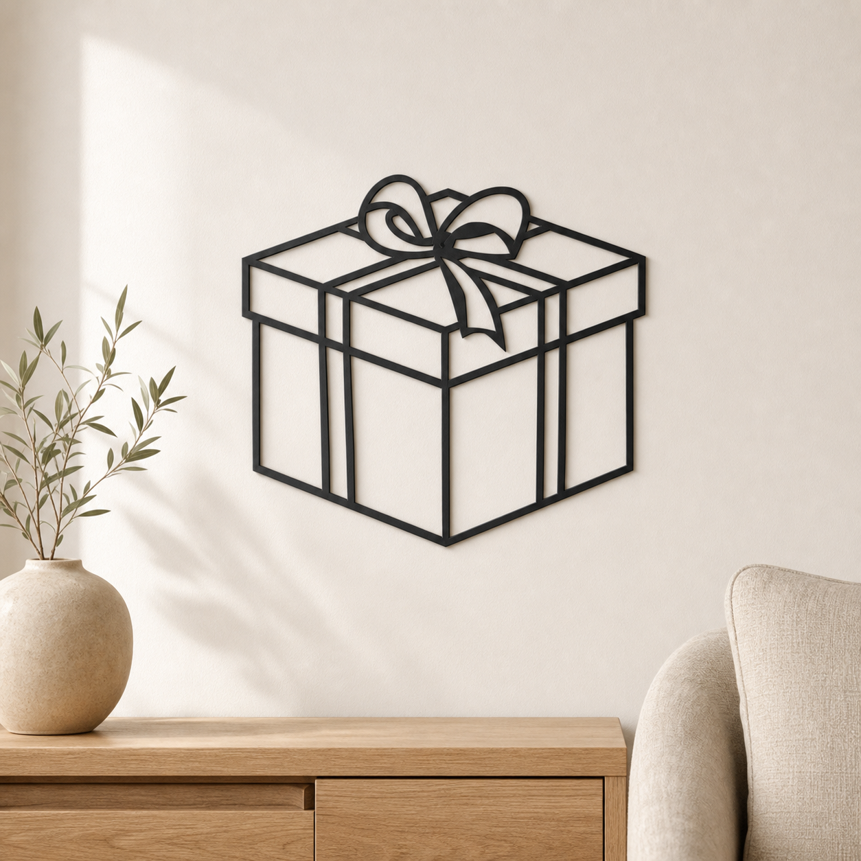 Christmas Present Wall Art — Wrapped Gift Box Line Silhouette | 2 Sizes