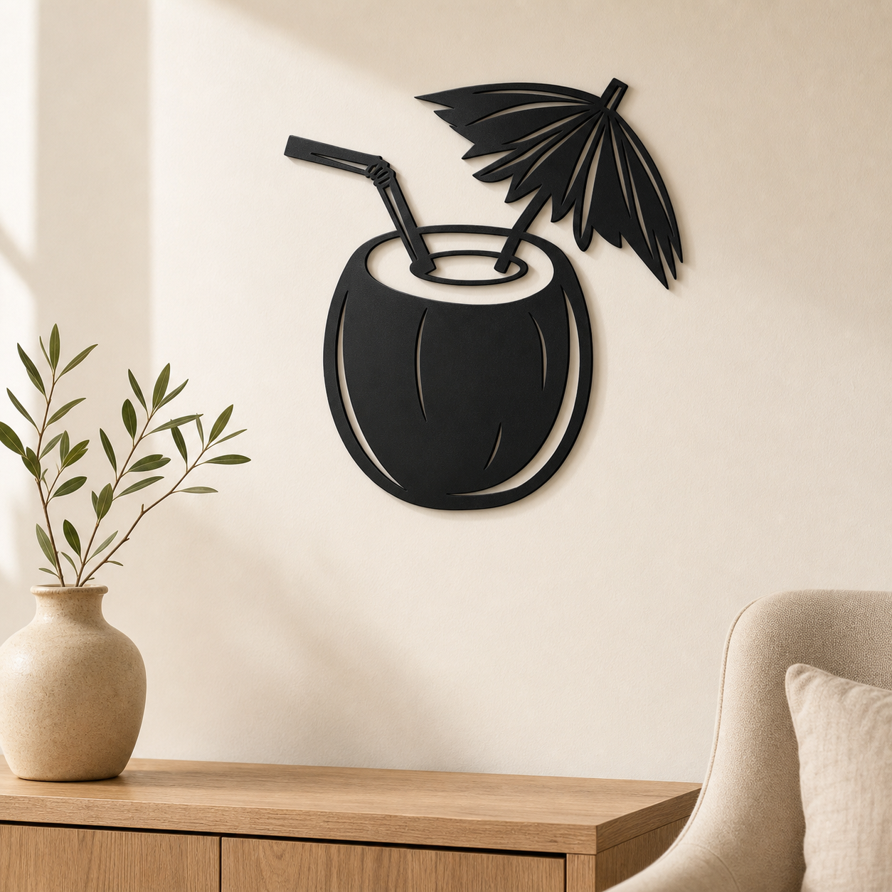 Coconut Cocktail Wall Art — Tropical Tiki Silhouette | 2 Sizes