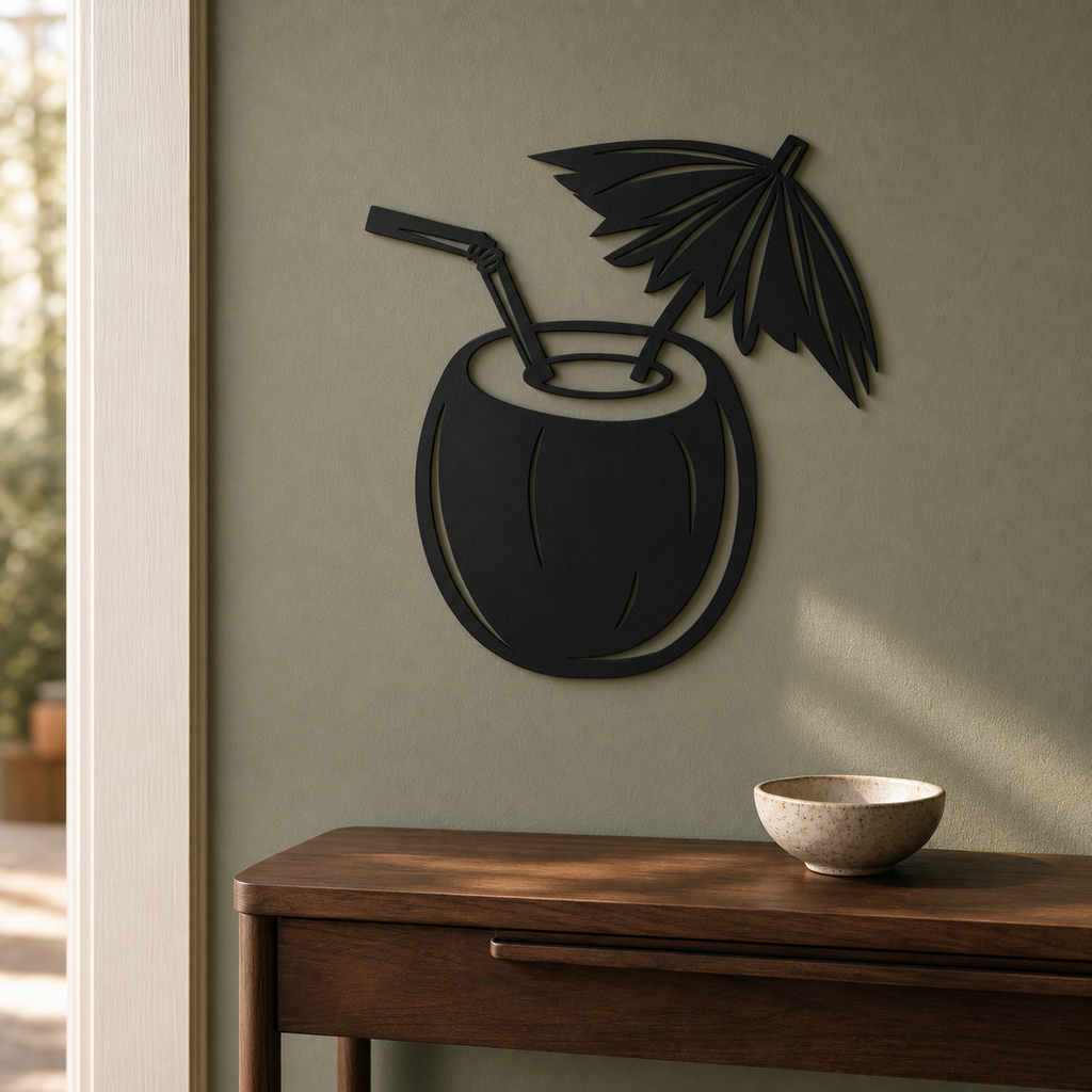 Coconut Cocktail Wall Art — Tropical Tiki Silhouette | 2 Sizes