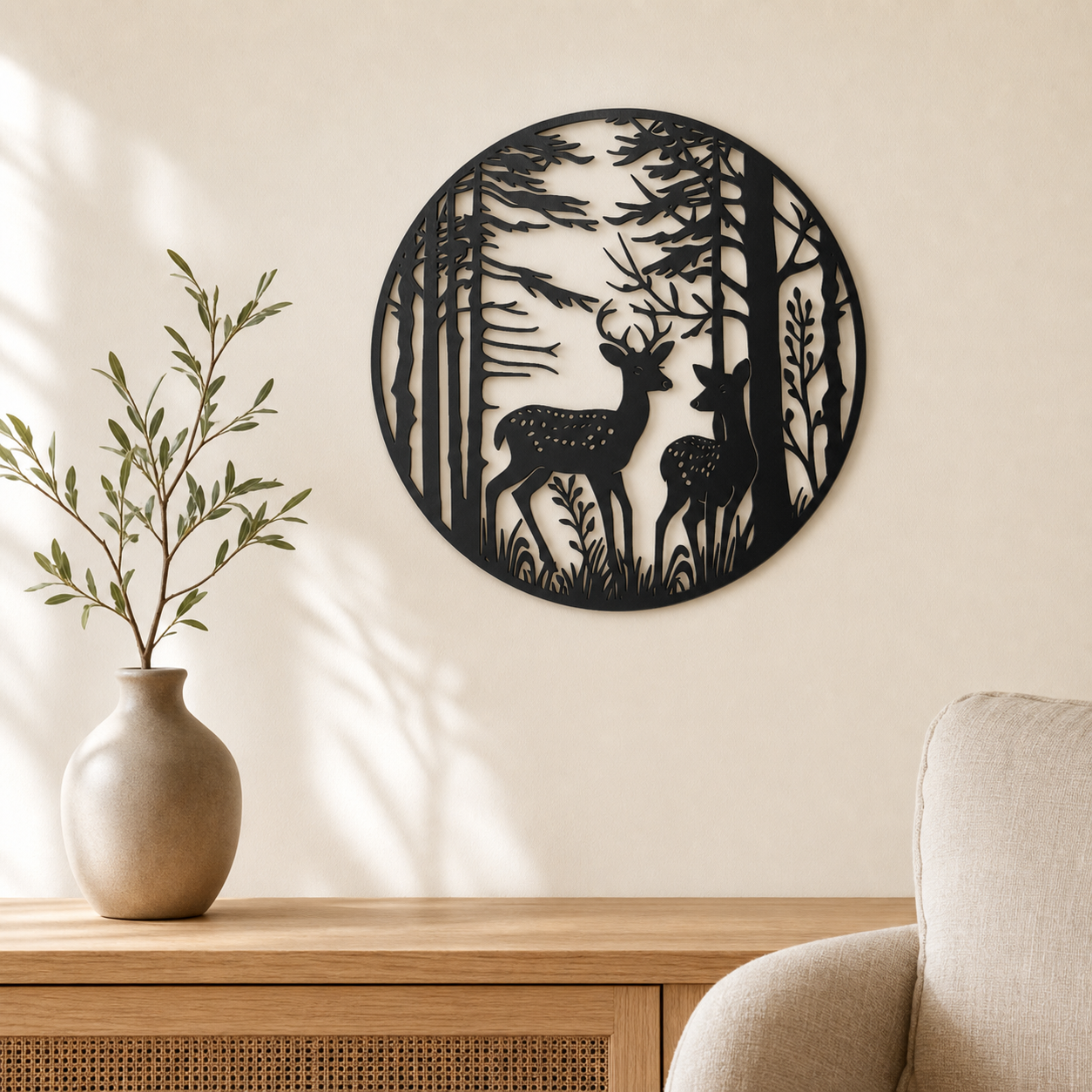 Deer Forest Wall Art — Circle Frame Woodland Scene | 2 Sizes