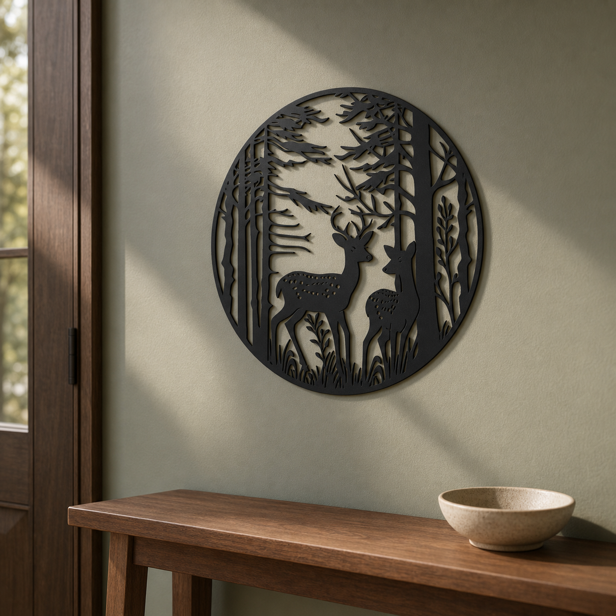 Deer Forest Wall Art — Circle Frame Woodland Scene | 2 Sizes