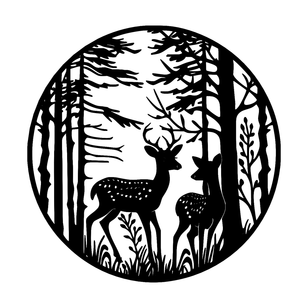 Deer Forest Wall Art — Circle Frame Woodland Scene | 2 Sizes