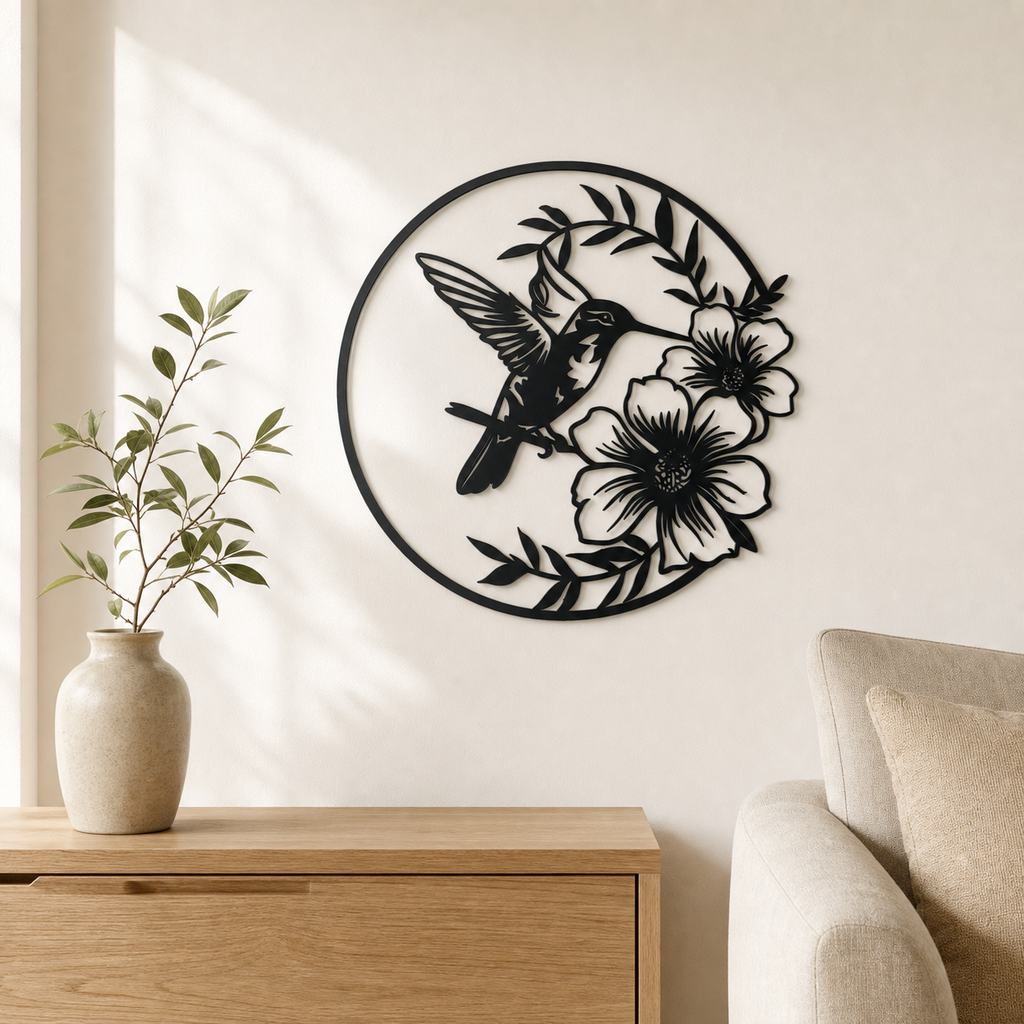Hummingbird with Flowers Wall Art — Hummingbird & Blossoms Scene | 2 Sizes