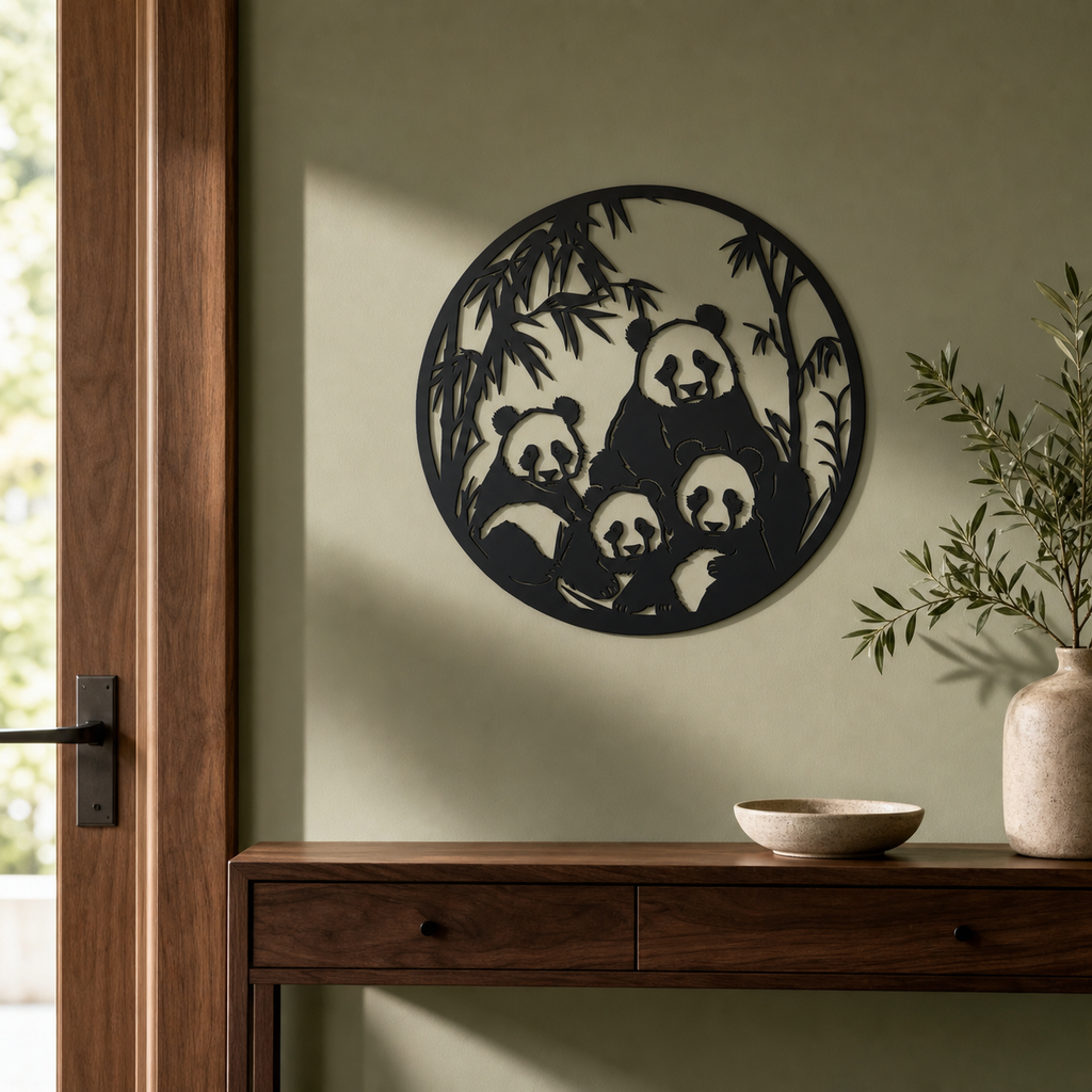 Pandas Wall Art — Circle Frame Panda Family | 2 Sizes