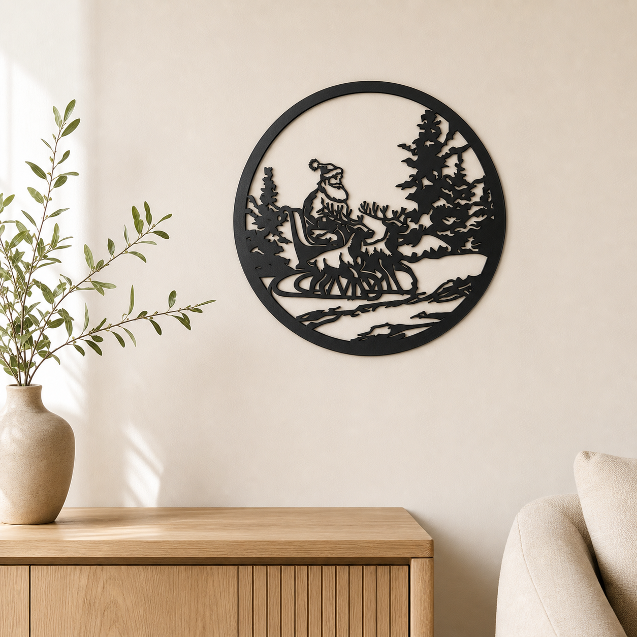 Santa with Reindeer Wall Art — Sleigh Scene Silhouette | 2 Sizes