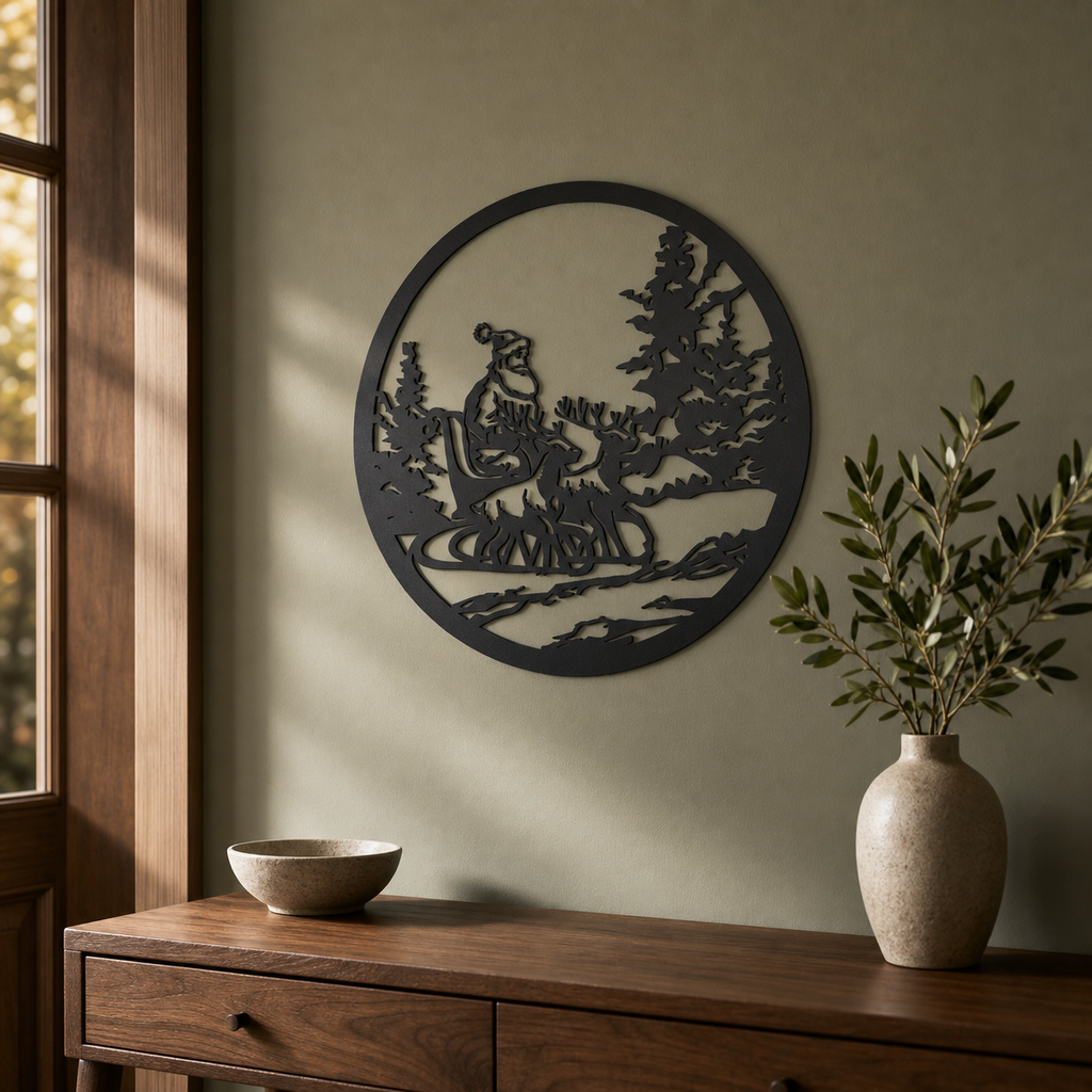 Santa with Reindeer Wall Art — Sleigh Scene Silhouette | 2 Sizes
