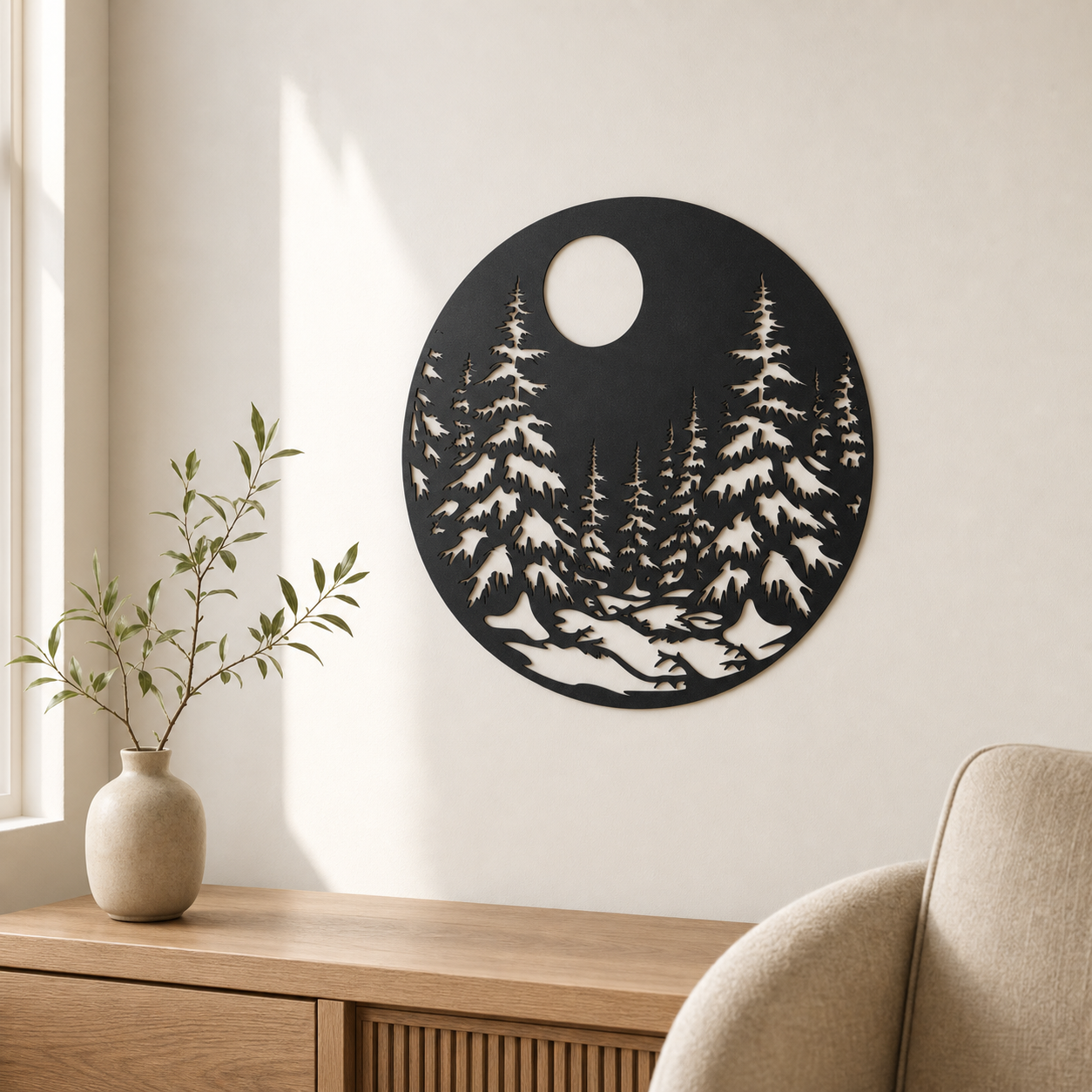 Snow Night Landscape Wall Art — Winter Scene Silhouette | 2 Sizes