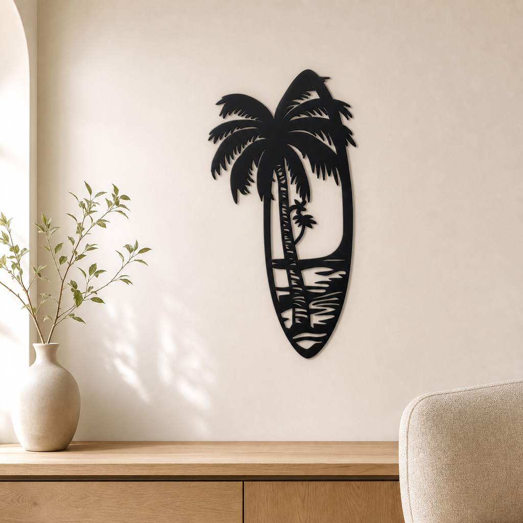 Surfboard Beach Wall Art — Palm Tree Beach Scene | 2 Sizes