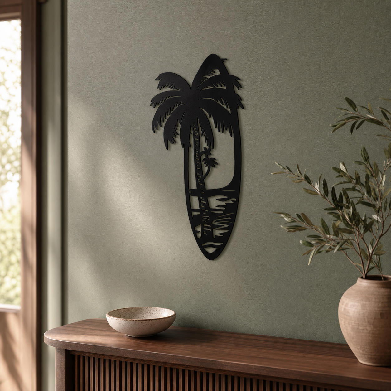 Surfboard Beach Wall Art — Palm Tree Beach Scene | 2 Sizes