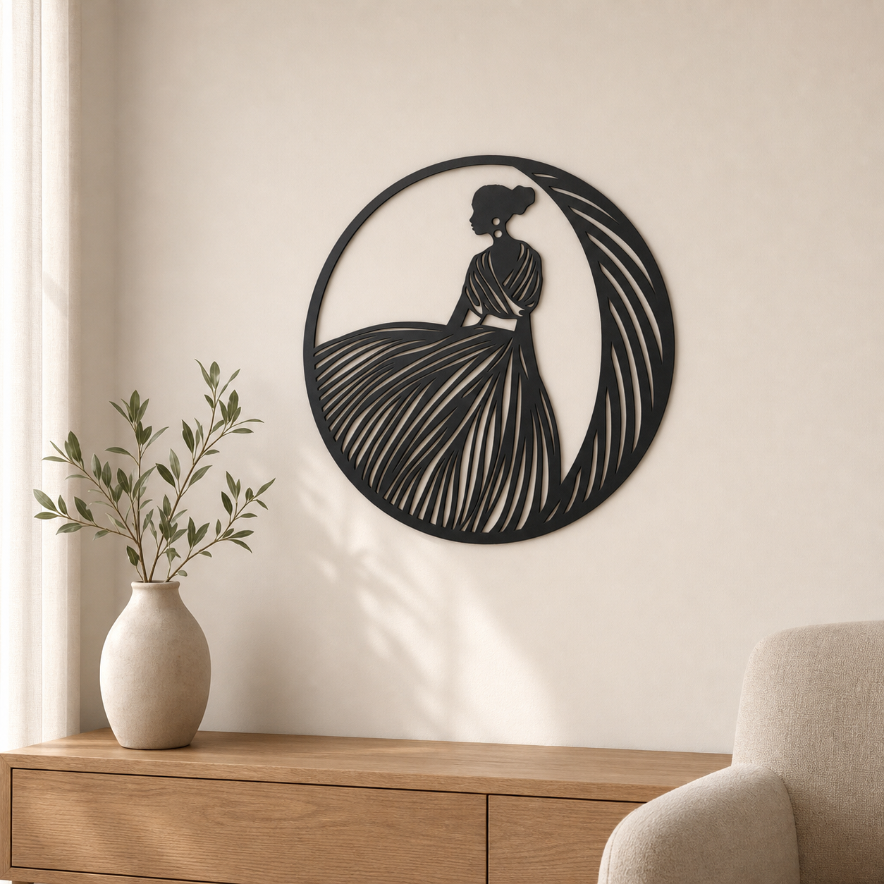 Woman in Dress Wall Art — Circle Frame Gown Silhouette | 2 Sizes