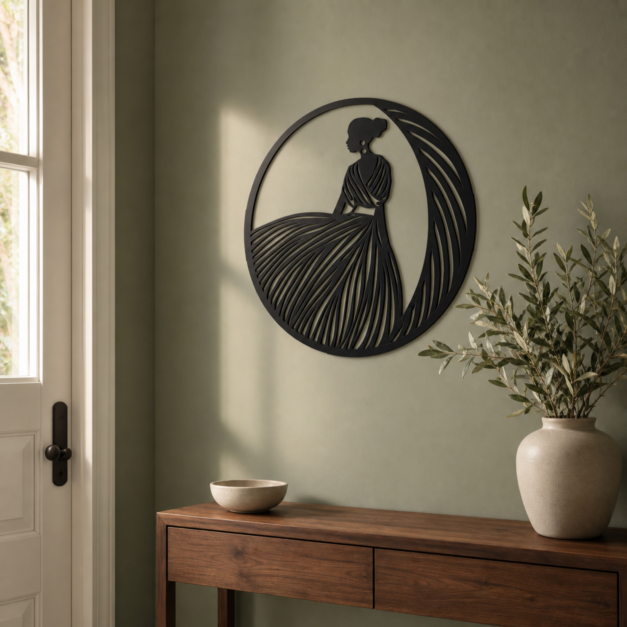 Woman in Dress Wall Art — Circle Frame Gown Silhouette | 2 Sizes